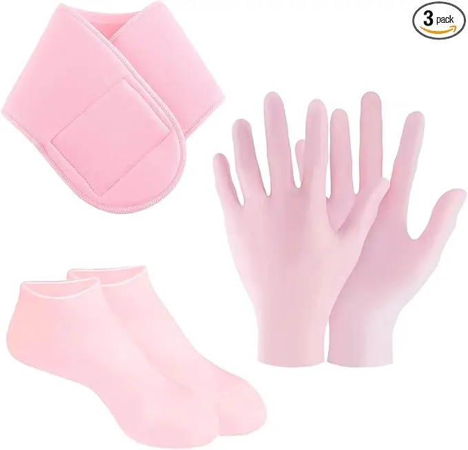 Set of 3 Moisturizing Gloves, Socks, And Neck Strap, Featuring Soft Silicone Gloves, Spa-Quality Moisturizing Gloves, Exfoliating Hand Care Tools, Ideal for Dry And Cracked Skin