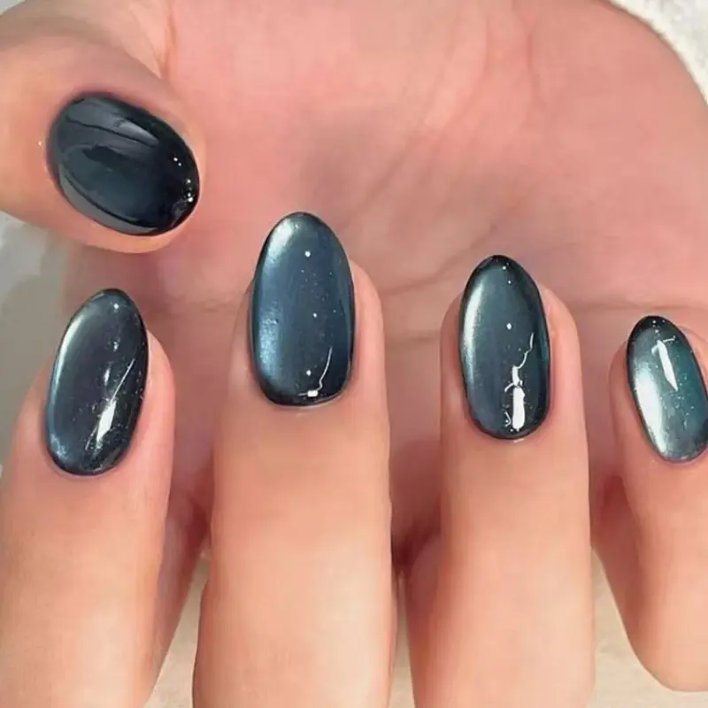 24pcs Short Oval Fake Nails, Deep Ink Blue Cat Eye Pure Color, Reusable, Beginner Friendly, Includes Jelly Glue and Nail File