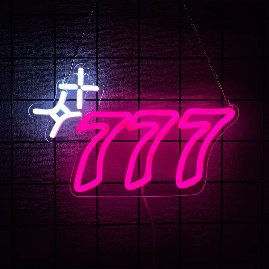 777 Neon Sign Angel Number Neon LED Sign Luck Seven Neon Lights Pink White Star Neon Signs for Wall Decorative Wall Light Lucky Number LED Neon Light Up Sign Neon Light Sign for Bedroom Bar Birthday Party Decor Home Decor Lighting