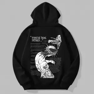 Men’s Y2K Forgive Them Father Graphic Hoodie, Black Cotton Blend Bible Verse Pullover Sweatshirt, Christian Streetwear, Soft Casual Faith Hoodie
