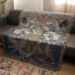 Dolphin and Mermaid Bohemian Yarn Jacquard Woven Blanket with Tassel, Stylish Blanket, Thick Soft Washable Blanket, Used for Home Decor Sofa Chair Bed Tapestry Tablecloth Floor Garden Picnic Outdoor Camping, Decorative Giftable Blankets