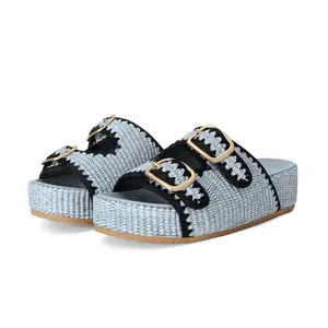 Raffia Sandals For Women Platform Slide Espadrille Adjustable Double Buckle Summer Comfortable Cute Woven Casual Beach Shoes