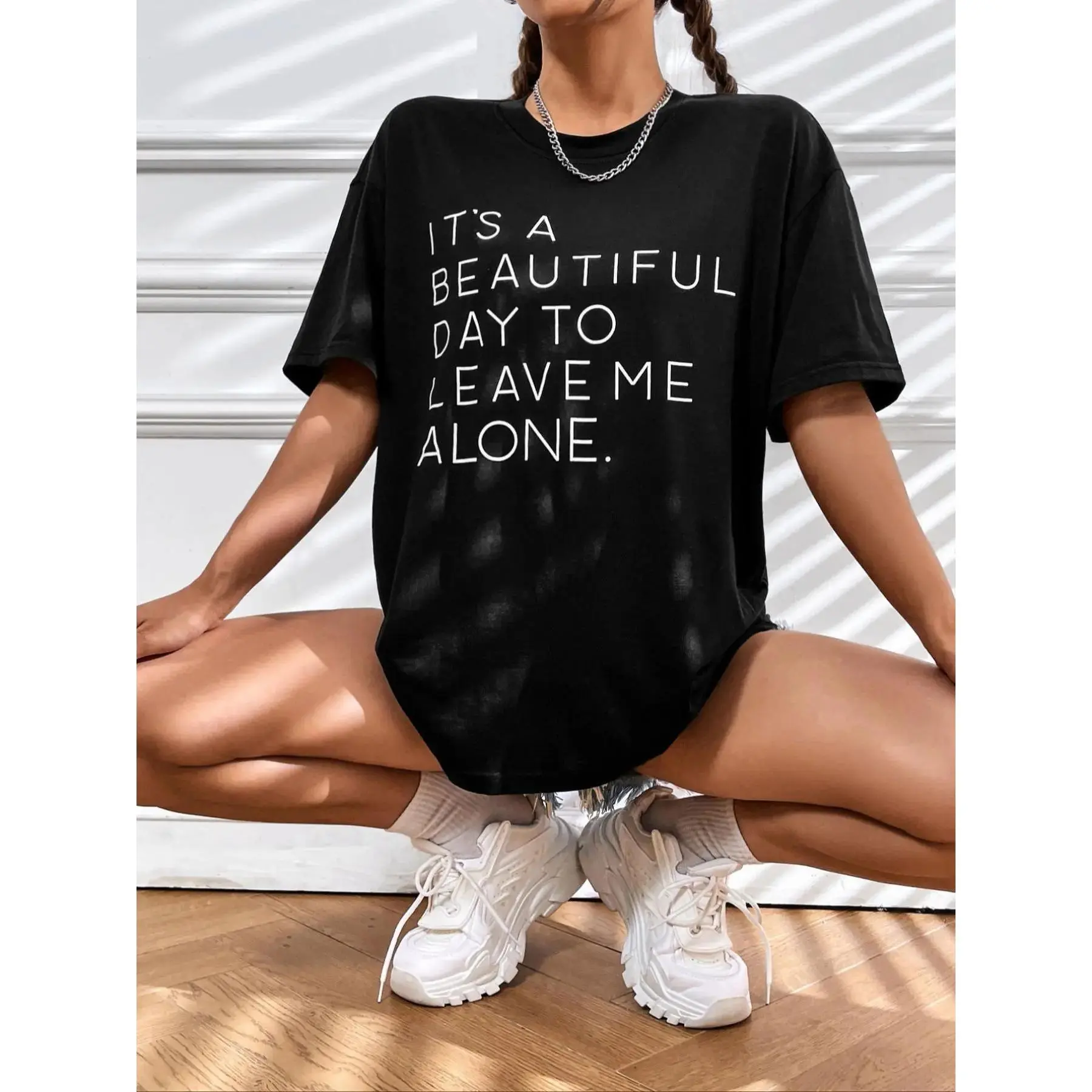 Women's Oversized Letter Print Round Neck Tee - Comfortable Streetwear Apparel, Lady's Casual Drop Shoulder Short Sleeve T-Shirt for Daily Summer Wear