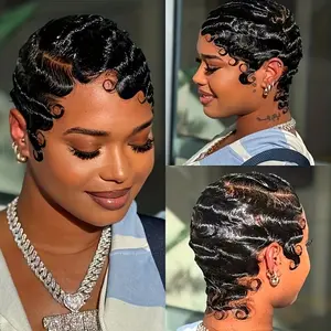 [$39] SUNTUHAIR 5x5 HD Lace Finger Wave Pixie Cut Wigs Human Hair for Black Women Short Pin Curls Finger Wave Wig 13x4 Lace Frontal Short wig Lightweight Pre-Plucked Brazilian Virgin Human Hair Layered Pixie Wig