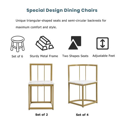 Modern 7-Piece Dining Table Set with Faux Marble Table and Triangular Chair Design, Compact 55Inch Kitchen Table Set for Small Places (Golden+White) Modern 7-Piece Dining Table Set with Faux Marble Table and Triangular Chair Design, Compact 55Inch Kitchen Table Set for Small Places (Golden+White)