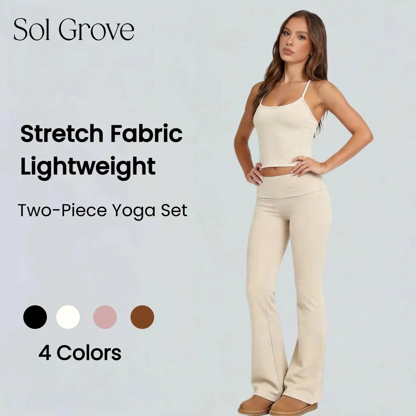 Sol Grove Daze Women's 2-Piece Yoga Set - Nylon Ribbed Fabric, U-Neck Halter Cropped Cami Top, No-Slip Roll-Down Waistband Flare Leggings, 4-Way Stretch, Buttery Soft, Moisture-Wicking, Squat-Proof, Non-See-Through, All Seasons, Basic, Chic, Fitted