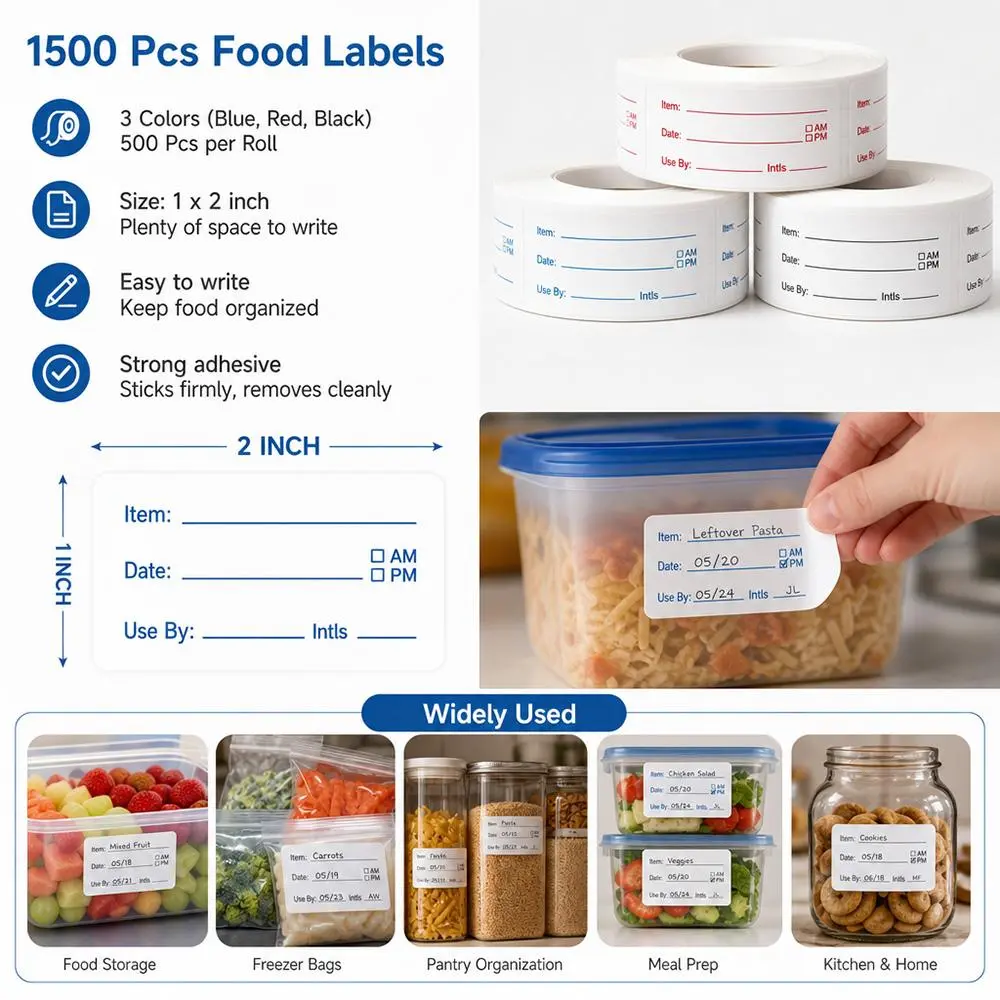 Large Pack Rectangular Self-Stick Removable Food Labels (3 Rolls, 1500-Piece, 1x2 in) - Date Stickers with Bonus Writing Pen, Easy-to-Write Organizers for Home/Restaurant Freezer, Refrigerator Storage Containers