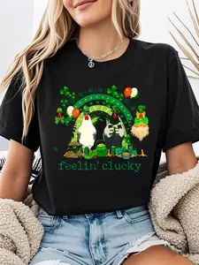 100% cotton Feeling Clucky Chicken Rainbow Funny St Patrick Day Shamrock T-Shirt Casual Printed 100% Cotton Women T Shirt, Summer Tshirts Short Sleeve Graphic Tee Women Tops