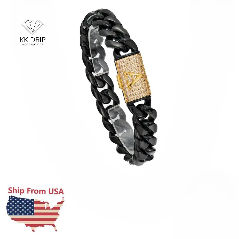 KK Drip Accessories Initial Letter A-Z Cuban Link 14MM Bracelet 18K Gold Plated Black Stainless Steel Miami Thick Buckle Bracelet Hip Hop Jewelry 7.5in 8.5in, Cuban Chain Bracelet,summerwins
