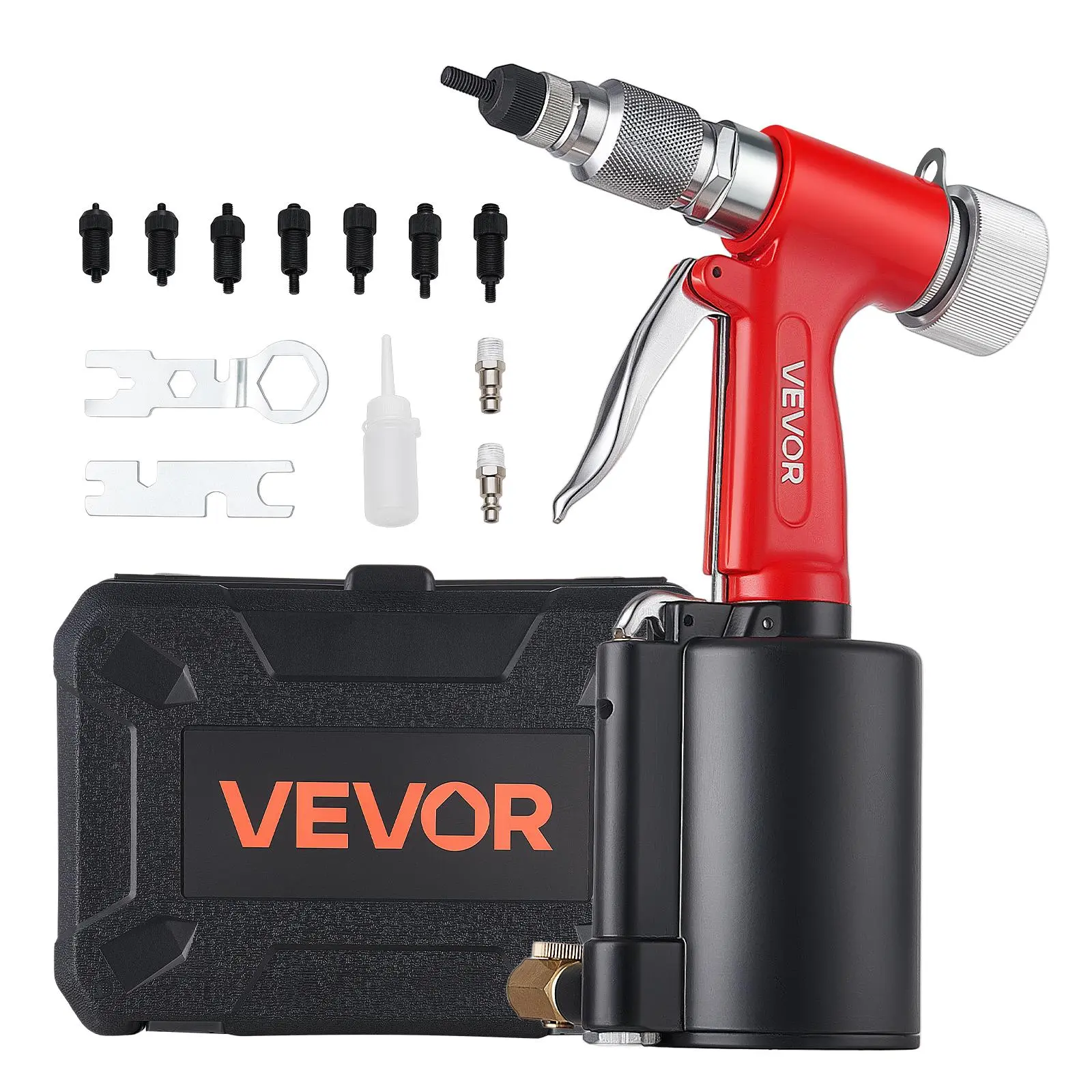 VEVOR High Power Pneumatic Rivet Nut Gun Kit - 8PCS SAE & Metric Heads (M4-M10, 1/4"-3/8"), 2680LBS Pull, Ergo Handle, Air Rivet Nut Tool for Industrial Users, Automotive, Construction, Pneumatic Gun