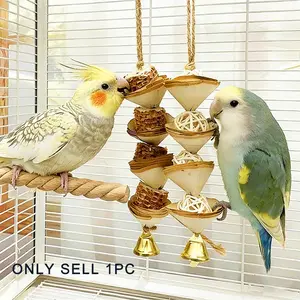 Parrot Bird Toy Wooden Fruit Chew String, Pine Cone Corn Core Cork Teeth Grinding Stress Relief Cage Decoration Small Toy