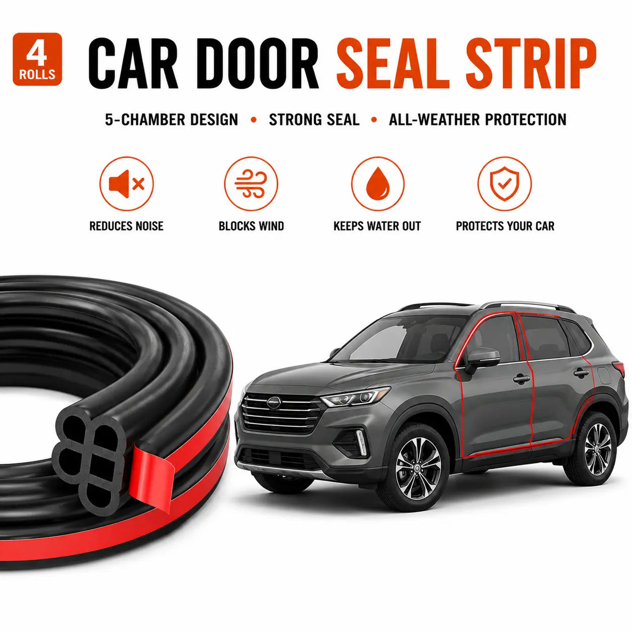 5-Hole Upgraded EPDM Rubber Car Weather Sealing Strip, Self-Adhesive Stick-On Auto Door Hood Trunk Gap Tape, Interior Wind Noise Reducer, Waterproofing Dust-Proof Scratch-Free Mod Parts for Sedan SUV, Stick-On Type