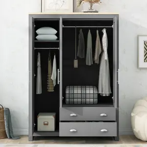 Wardrobe with 3 Door Storage, 2 Storage Drawers, Cabinets and Two Hanging Rods,Gray