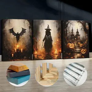 3Pcs Wooden Framed Canvas Painting, Cute Halloween Candles, Bat, Witch And Pumpkin, Exquisite Poster, Home Decoration, Pattern Wall Art Decor, For Living Room, Bedroom, Office, Restaurant, Bar Wall Decor, Odorless, Painting, Print Artwork.