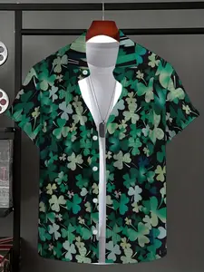 Saint Patrick's Day Men's Short Sleeve Shirt, Casual Four-Leaf Clover Colorful Print Pattern, Hawaiian Button-Up, Boho Style, Beach Vacation