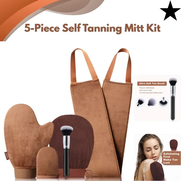5PCS Self Tanning Mitt Kit – Self Tanner Applicator Mitt, Back Applicator, Face Brush, Exfoliating Mitt, Sunless Tanning Kit, Perfect Beauty Gift