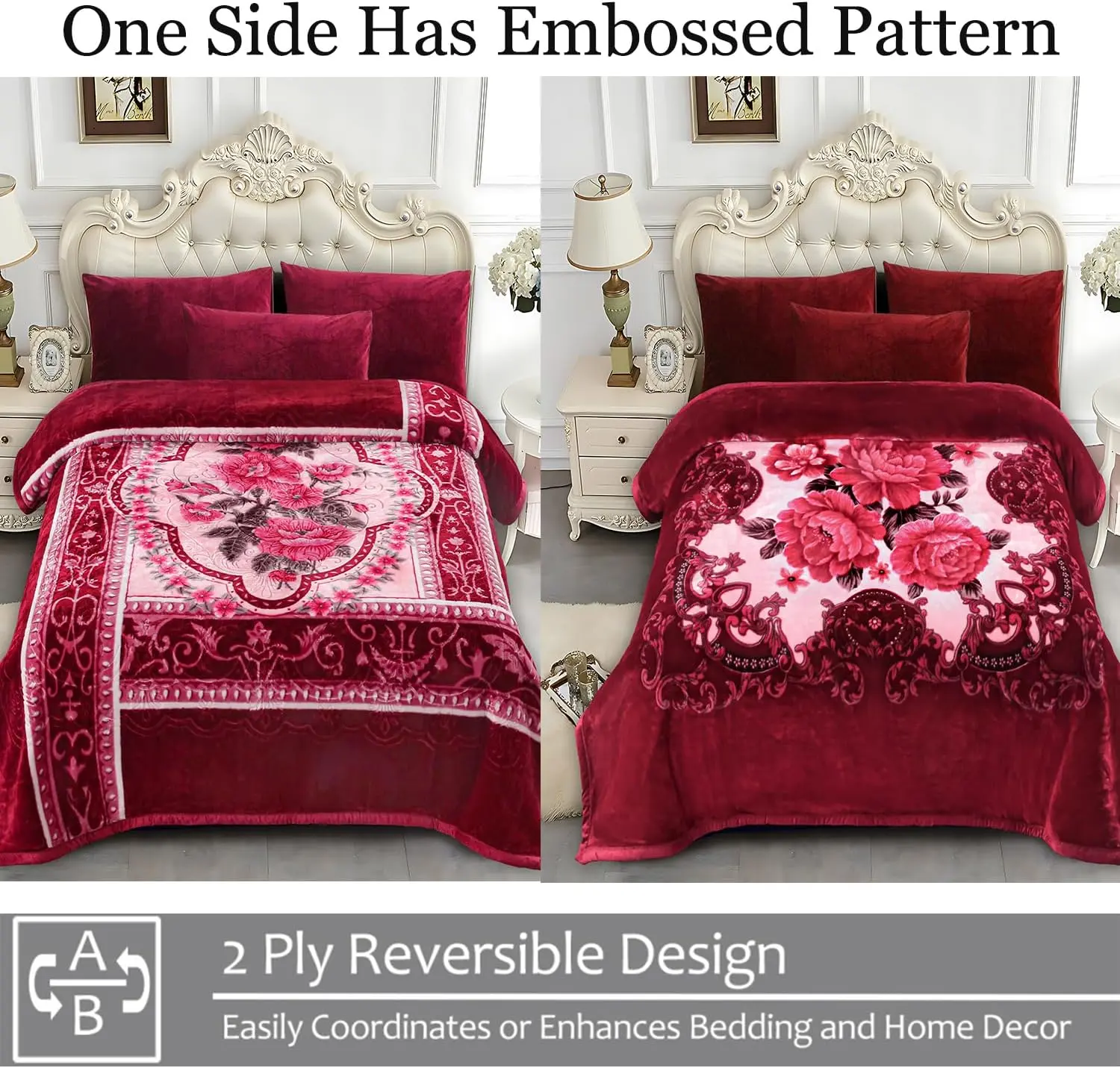 King Size Fleece Blanket, 5.7 lbs, 83" x 91", Reversible 2-Ply Plush Bed Blanket, Burgundy Floral Print with Embossed Detail, Silky Soft, Thick and Warm, Polyester, Machine Washable, Storage Bag Included