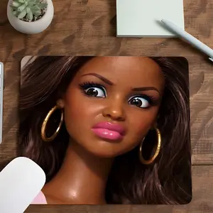 Funny Pouting Wavy Hair Doll with Hoop Earrings Square Gaming Mouse Pad, Humorous Retro Toy Face Design, Non-Slip Gaming Mouse Pad,Small Size Ideal for Laptop, Perfect Gift for Meme & Friends