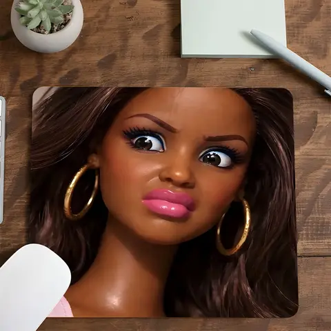 Funny Pouting Wavy Hair Doll with Hoop Earrings Square Gaming Computer Mouse Pad, Humorous Retro Toy Face Design, Non-Slip Gaming Mouse Pad,Small Size Ideal for Laptop, Perfect Gift for Meme & Friends, Gaming Accessory, Mousepad