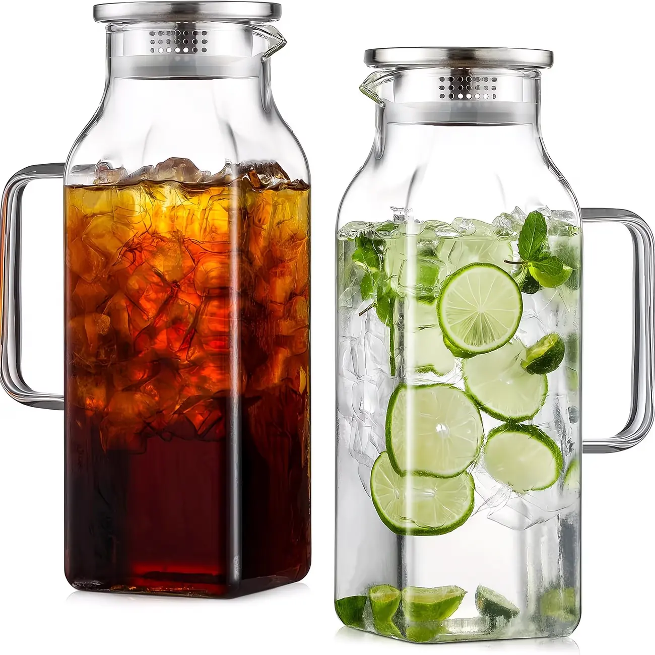 2-Pack Geometric Square Borosilicate Glass Pitchers (2L/68oz) - BPA-Free, Thermal Resistant, with Silicone Lid, Steel Handle - Kitchen Drinkware for Pouring, Serving Iced Tea