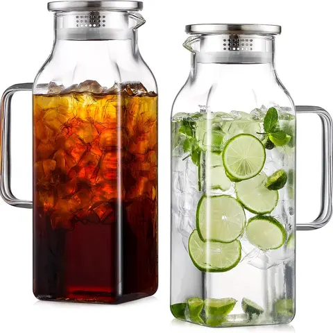 2-Pack Modern Geometric Square Borosilicate Glass Pitchers (2L/68 oz) - BPA-Free, Thermal, Heatproof, Stovetop Safe, Dishwasher Safe, Ergonomic Handling, Steel Handle, Dual Function Silicone Lid - Kitchen Drinkware for Tea Enthusiasts, Party Use