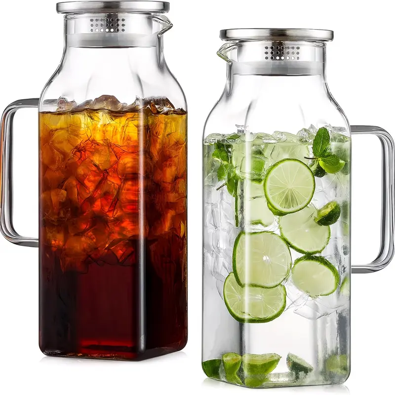 2-Pack Modern Geometric Square Borosilicate Glass Pitchers (2L/68 oz) - BPA-Free, Thermal, Heatproof, Stovetop Safe, Dishwasher Safe, Ergonomic Handling, Steel Handle, Dual Function Silicone Lid - Kitchen Drinkware for Tea Enthusiasts, Party Use