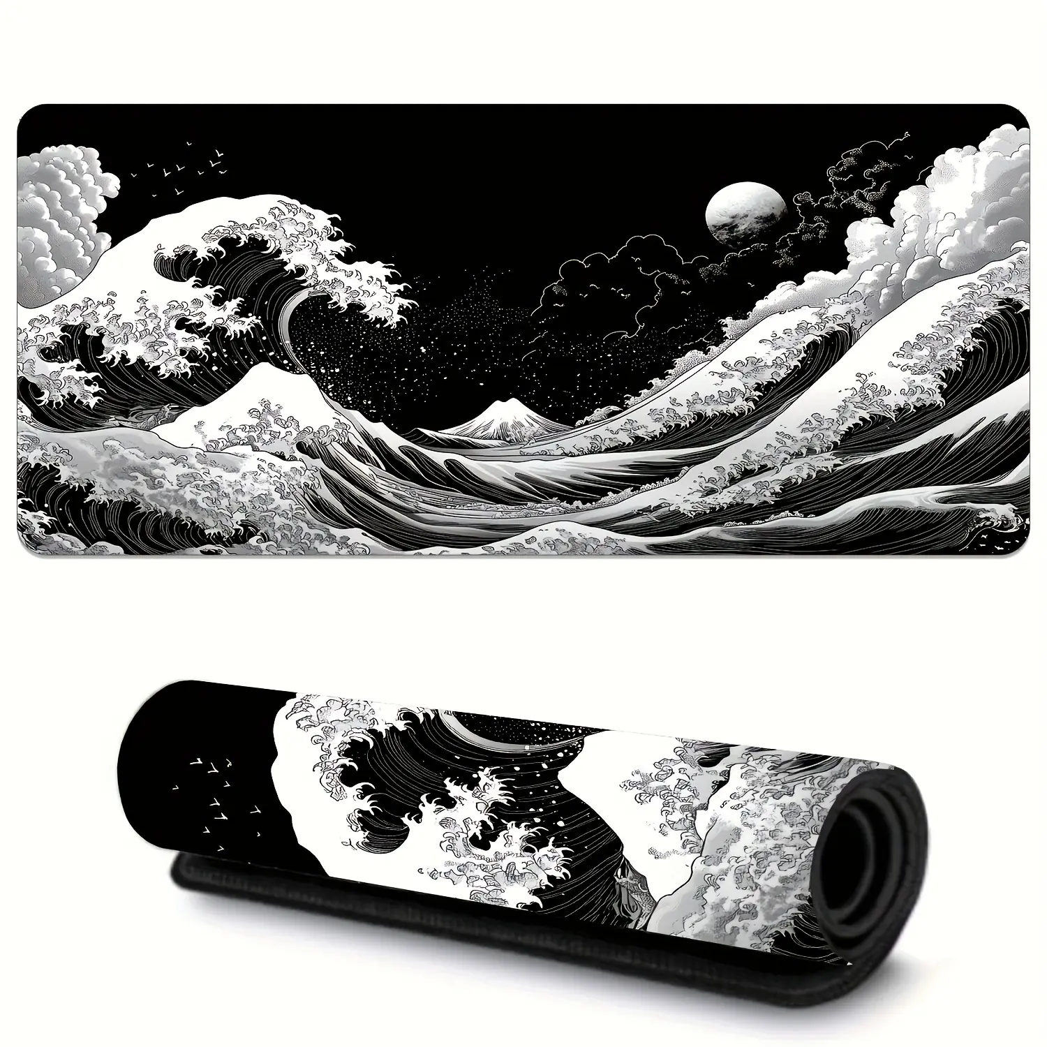 【Back to School】Japanese Black Wave Gaming Mouse Pad - Ergonomic, Non slip Rubber Base, Artistic Japanese Landscape Design for Computers and Tablets, Durable Smooth Surface, Computer Mouse Pad | Artistic Mouse Pad | Durable Mouse Pad, Large Mouse Pad