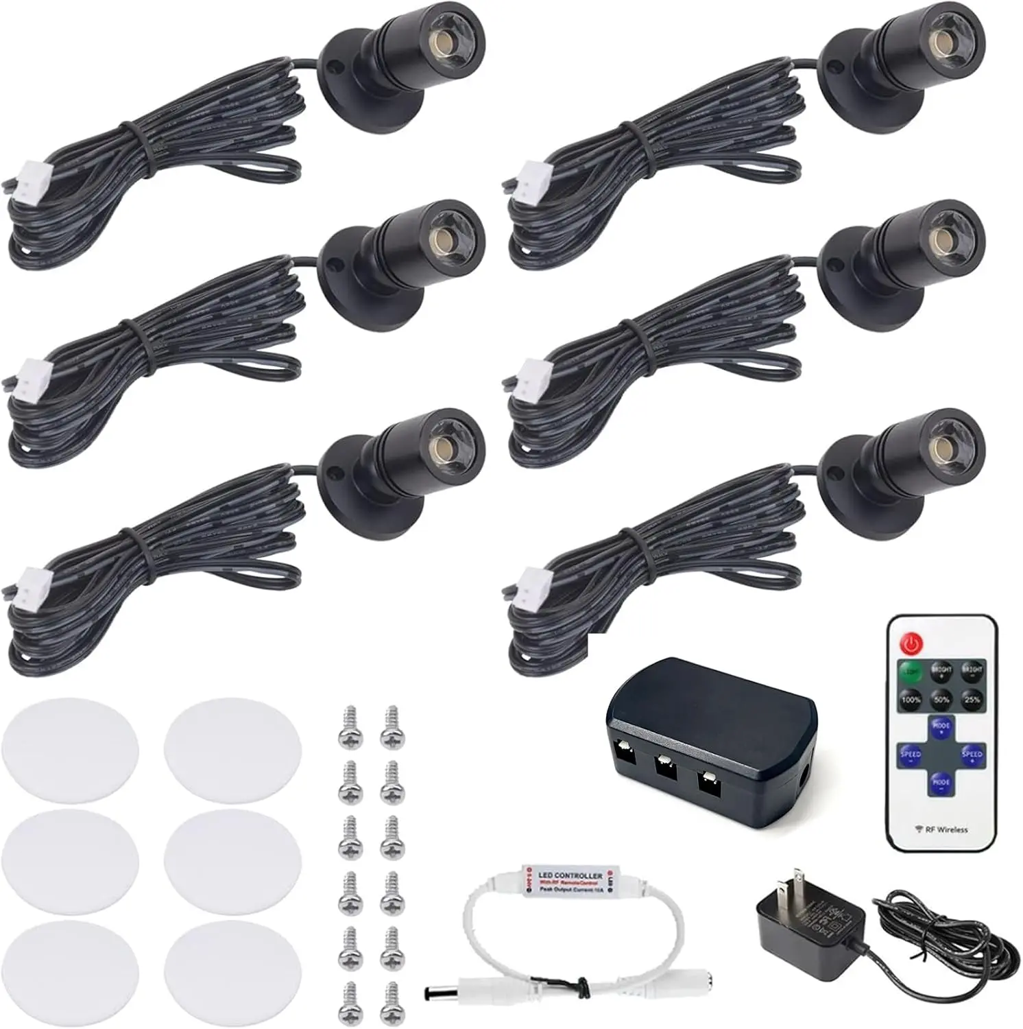 6pcs LED Mini Spot Light, 3000K Spotlights with RF Dimmer, Art Picture Lights, Closet Spotlight for Plants Jewelry Showcase Model Display Shelves (Warm White-Remote Control-U.S. Plugs)