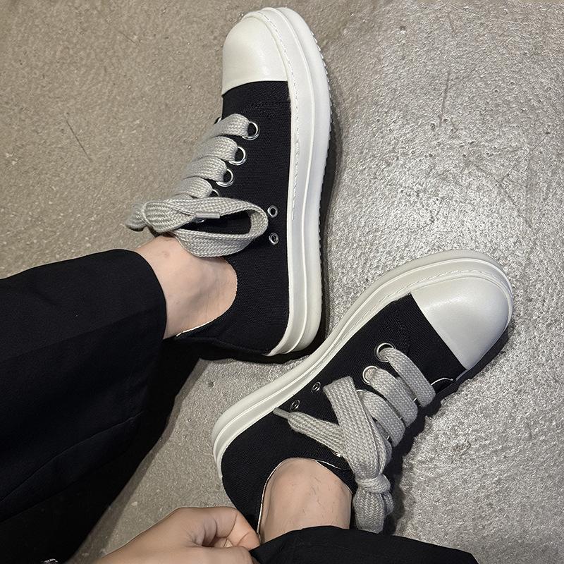 Men's Cleanfit Platform Sneakers Black & White Canvas Wide Laces Slim Leg Street Fashion