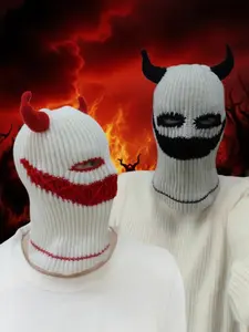 Halloween Funny Mask Knitted Devil Horns Hat, Stitched Smiley Face Unique Winter Warm Beanie, Prankster Costume Accessory