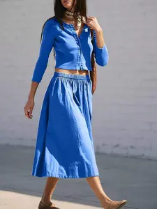 Women's 2 Piece Lounge Set Matching Outfit Vacation Ribbed Button Down Cardigan Elastic Waist Skirt Set