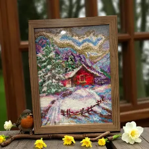 Embroidered picture "The House in the Snow" Christmas Decor Artwork Cardboard