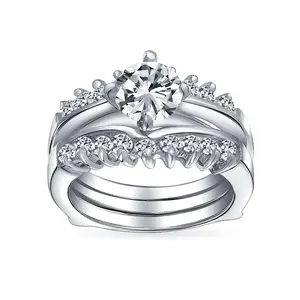 Solitaire Round Cubic Zirconia Engagement Ring Band Set CZ Guard Enhancers.925 Sterling Silver