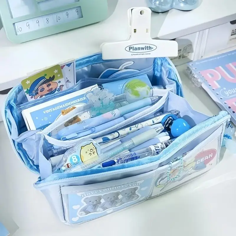 1 Count Multi-grid Pencil Case with Zipper, Potable Large Capacity Stationery Storage Bag, Office Stationery & Supplies for School Students Home