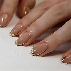 24pcs Almond Shaped Press-On Nails with Gold French Tip Design - Squoval Short Artificial Nails Stick On For Women