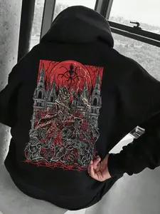 Men's Bloodborne Print Hoodie, Kangaroo Pocket, Drop Shoulder Design, Drawstring Comfort, Ribbed Design, Unisex Fit, All Seasons, Graphic Print Hoodie