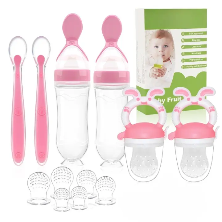 Baby Fruit Feeder Pacifier - 6 Pack | 2 Infant Food Feeder Pacifier & 2 Baby Food Dispensing Spoon | Fresh Fruit Teethers for Babies | Silicone Feeder Babies,Infant Teething Feeders -Pink, Baby Teething Toy, Popsicle Molds