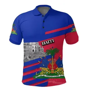Men's Casual Polo Shirt - Haiti Flag Design, National Emblem, Palm Tree Motif