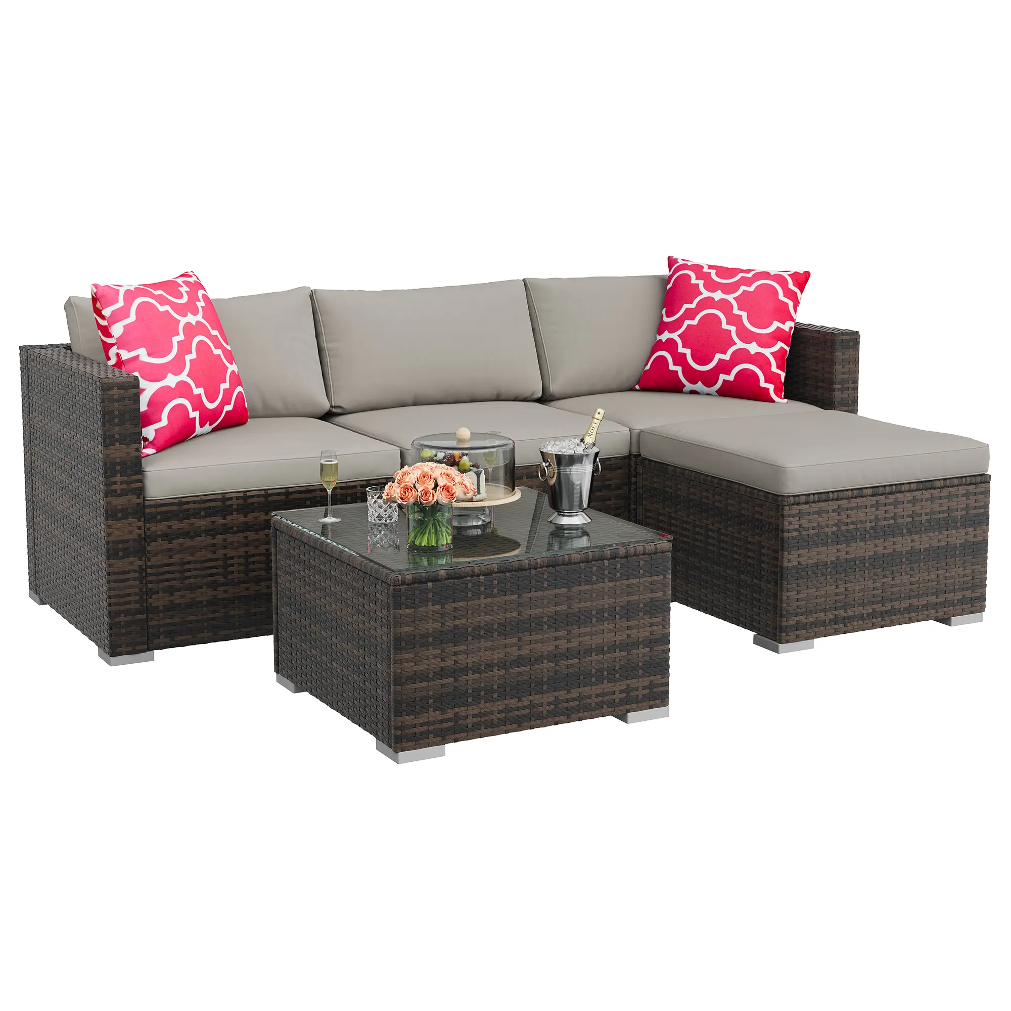 Brown rattan/light grey cushion
