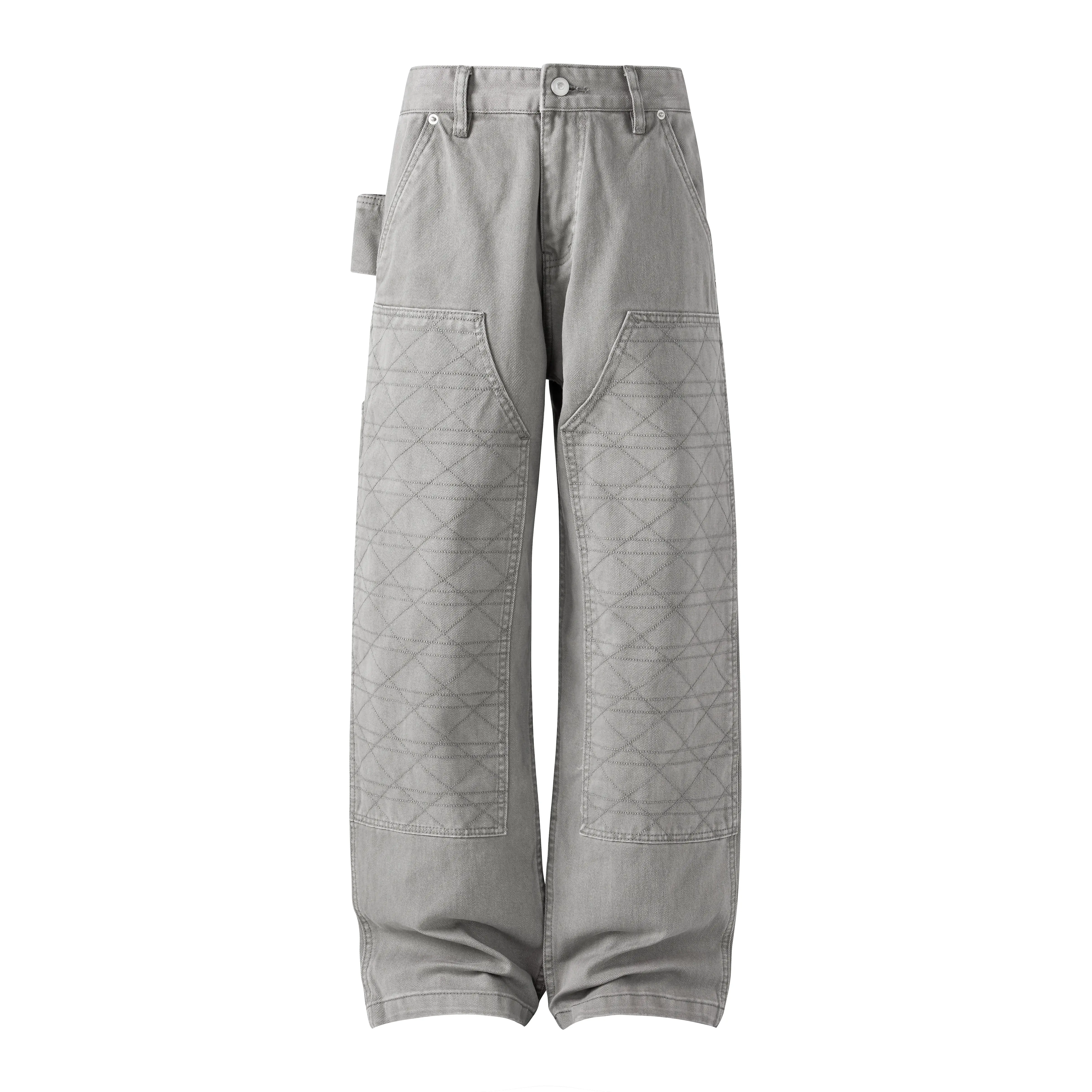 Men's Soft Washed Light Gray Twill High Waist Work Pants, Preppy Basic Comfortable, Full Diamond Cross Quilt Stitch, Dual Carpenter Patch Pockets, Side Tool Loop, Metal Rivet Reinforced, Single Button, Baggy Wide Leg, Floor Length
