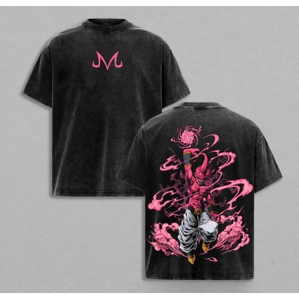 Majin Buu Vintage Washed Anime T-Shirt | Kid Buu Pink Energy Graphic Tee | Oversized Streetwear Retro Shirt | Heavy Cotton Gift for DBZ & Anime Fans