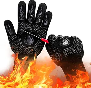 BBQ Grill Gloves : 1472℉ High Temp Resistance Fireproof Glove for Grilling Barbecue - Washable Long Oven Mitts Extreme Hot Proof Mittens for Kitchen Cooking Baking