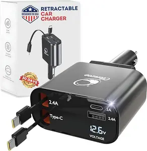 Dual Type C Retractable Car Charger 4 in 1 with 2 Retractable Cords for Android Models - Compatible with Multiple Devices  Smartphone Cellphone