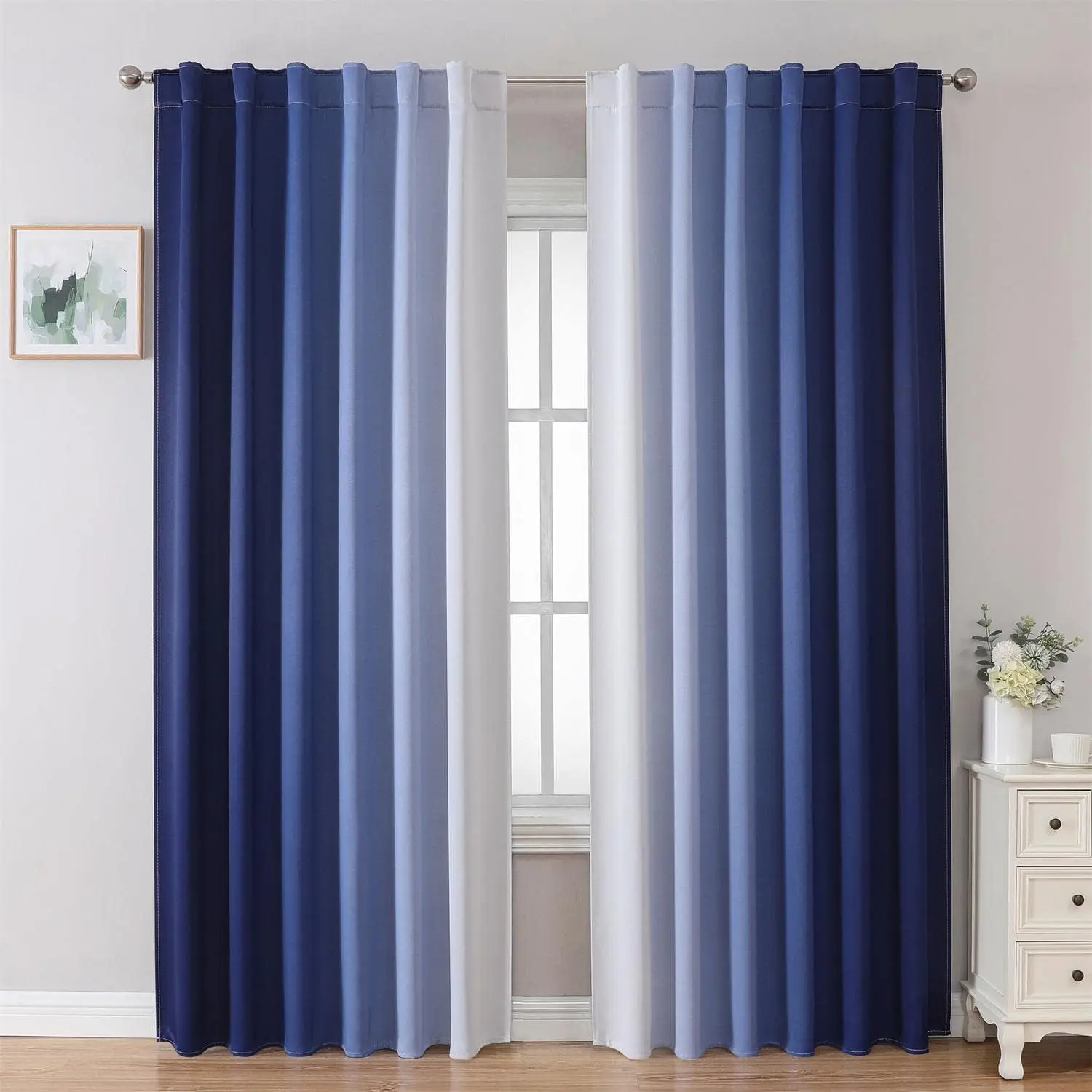 Blackout Curtains & Drapes for Bedroom Living Room 84 Inches Long Navy Blue and White Room Darkening Ombre Curtains Rod Pocket &  Tab Curtains Thermal Insulated Light Blocking 2 Panels Set