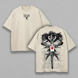 Ryuk & Light Yagami (Kira) Washed Tee – Death Note Anime Streetwear Vintage T-Shirt S-4XL-5XL Retro Double-Sided Water Wash T-Shirt Vintage Heavyweight Crew Neck T-shirt