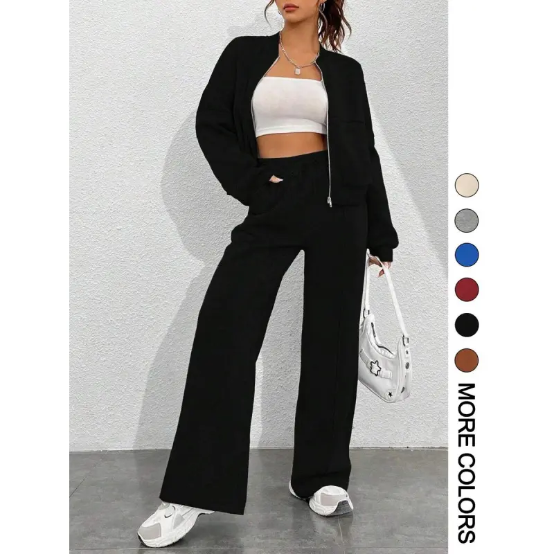 Women's Solid Zip Up Crop Jacket & Drawstring Waist Pants Two-piece Set, Casual Fashion Drop Shoulder Long Sleeve Top & High Waist Trousers for Daily Outdoor Wear, Women's Clothing for Spring & Fall