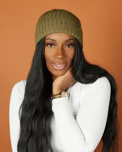 Olive Green Stripe Satin Lined Beanie