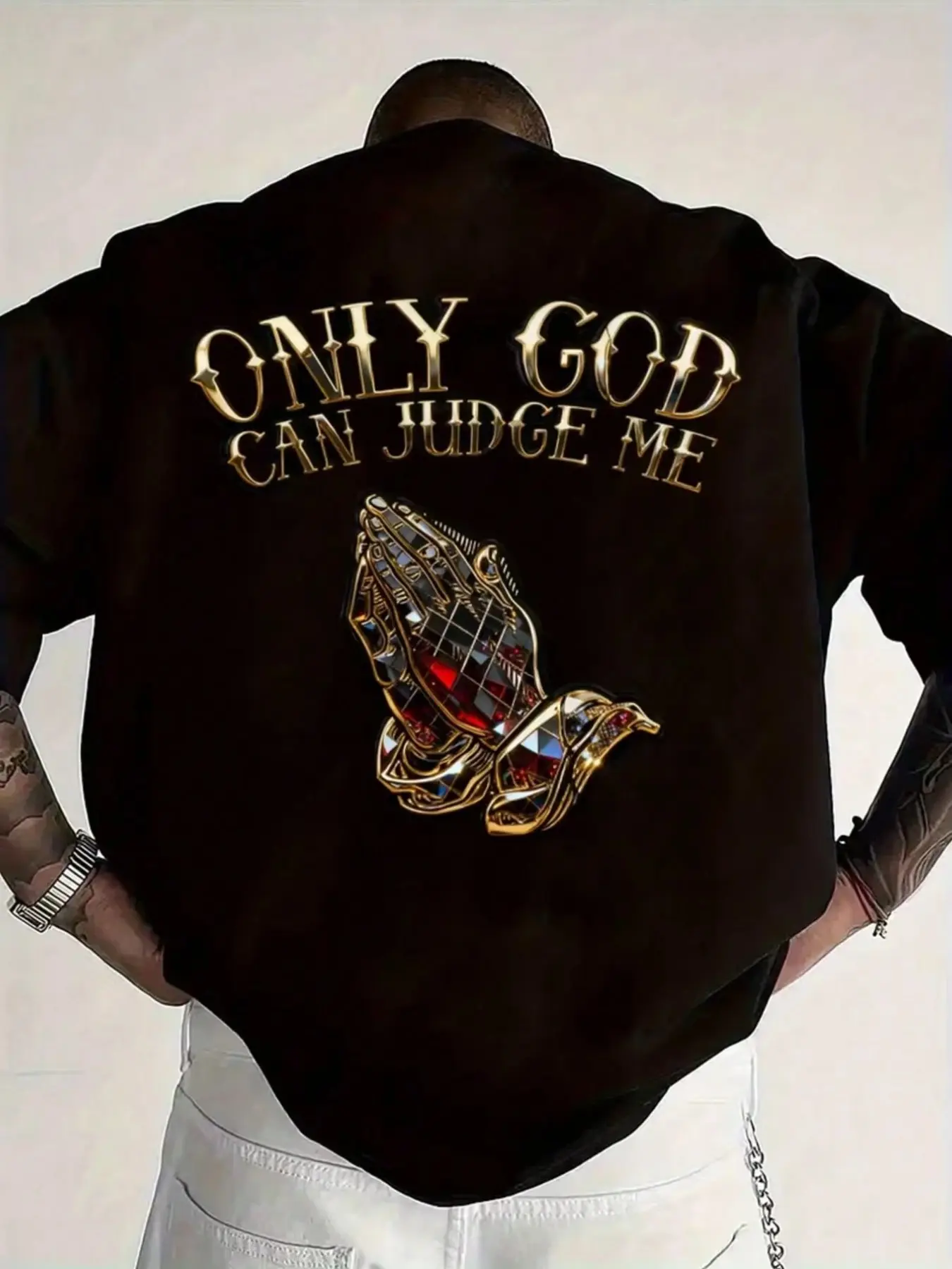 Y2K Aesthetic Chrome Print Graphic Tee - "Only God Can Judge Me" Praying Hands Oversized Shirt - Vintage Streetwear Top for Festivals & Social Media Trends - Breathable High-Street Fashion Piece