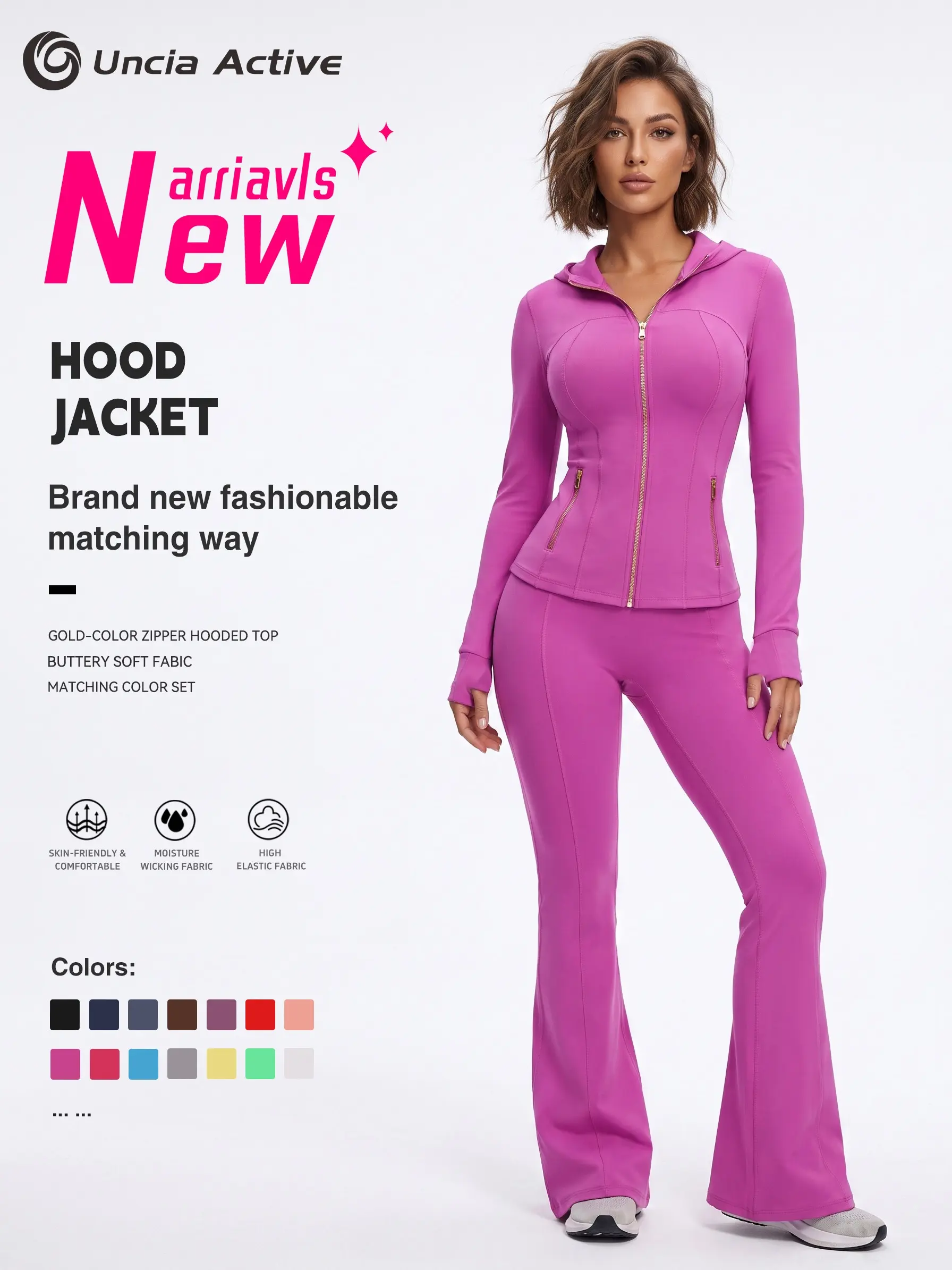 Women Full‑Zip Hooded Activewear Outfit, Gold‑Tone Zipper Fitted Hoodie Jacket & High Waist Flared Workout Pants, Silky Soft Stretchy Gym Set for Sports & Daily Street Style