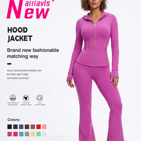 Uncia Active Women's  Sports Clothing , Hooded Zip-Up Athletic Sweat Suit with Gold Zipper Fitted Jacket & High Waist Flare Leg Sports Pants, Soft Elastic Yoga Athletic Sportswear for Fitness & Workout Exercise Clothing